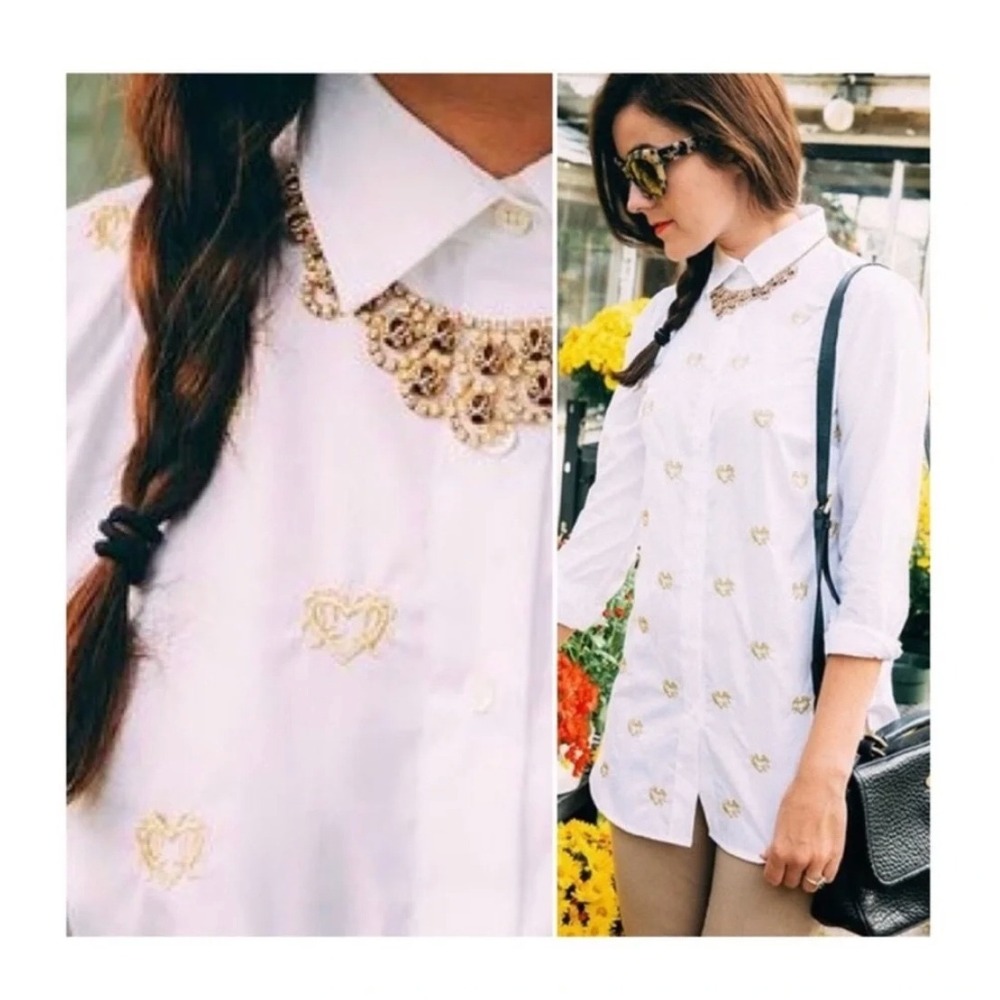 J. Crew Bullion Hearts Shirt Womens 4 White Gold Embroidery Classic Tunic